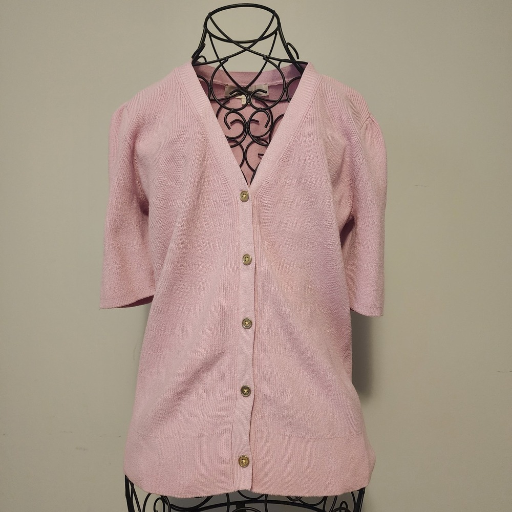 LOFT Short Sleeve Ribbed V-Neck Button Front Cardigan Sweater Pink Size Small